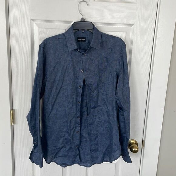 Giorgio Armani Blue Herringbone Long Sleeve Button Down Shirt Size 39/15.5 NWOT - Picture 1 of 3